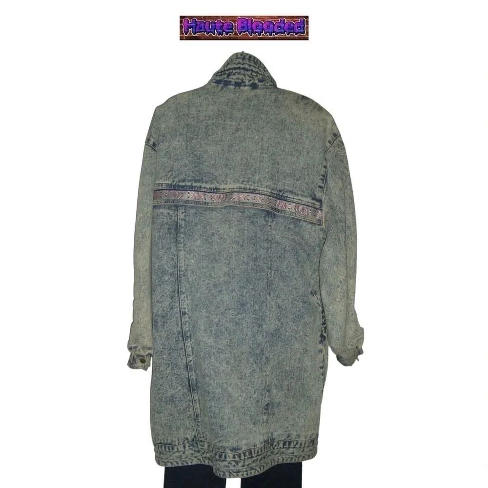 Vintage 80's Acid Wash Denim Long Warm Trench Coat Aztec e-girl alt Grunge Punk